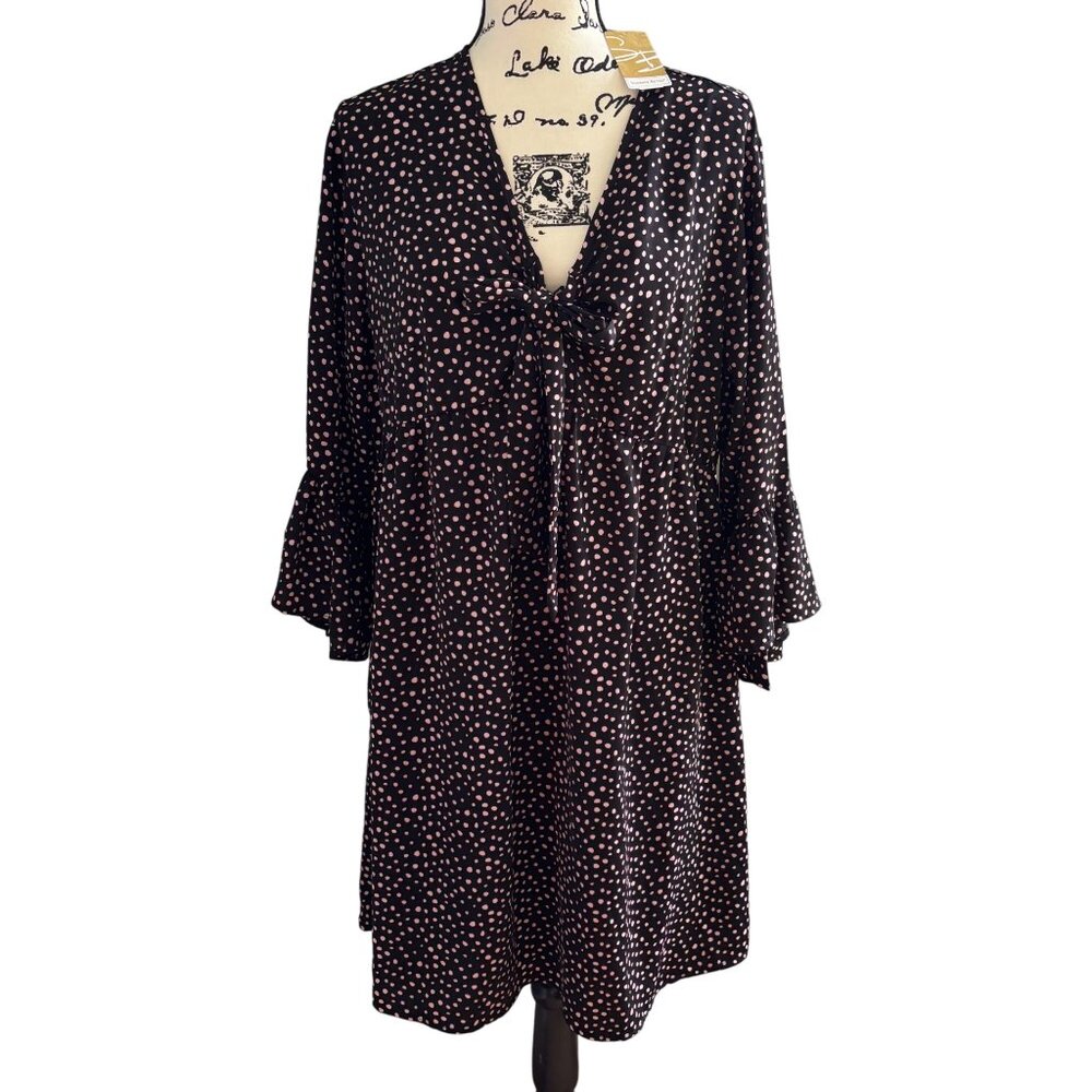 Suzanne Betro Women's Empire Waist Dress Plus Size 1X Black w/ Pink Polka Dots